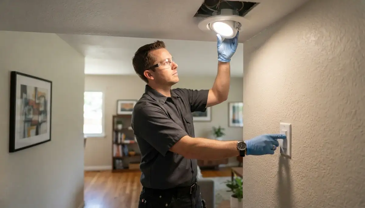 Denver, CO electrician testing a dimmer and aiming a newly installed light fixture in a home