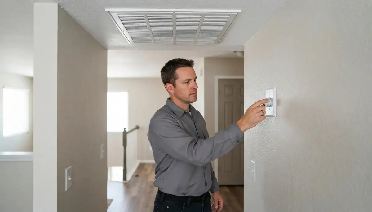 Electrician in Denver, CO adjusts whole-house fan speed control beneath ceiling grille