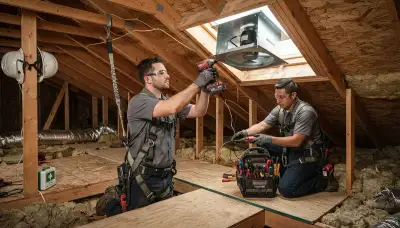 Electrician installing an attic fan in a Denver, CO home