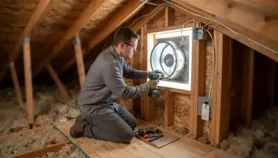 Denver, CO electrician installs and wires an attic fan in a residential gable wall opening