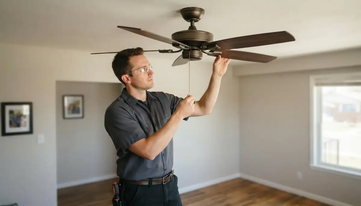 Denver, CO electrician verifies a newly installed ceiling fan is balanced and securely mounted