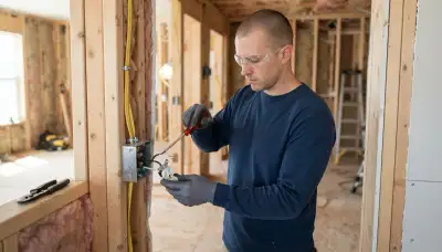 Electrician in Denver, CO routing cable, stapling wiring, and terminating conductors in an electrical box