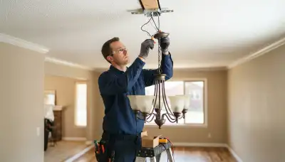 Electrician in Denver, CO wiring and securing a chandelier to a fixture-rated brace