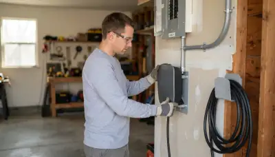 Denver, CO electrician installing a Level 2 EV charger and dedicated circuit conduit in a home garage