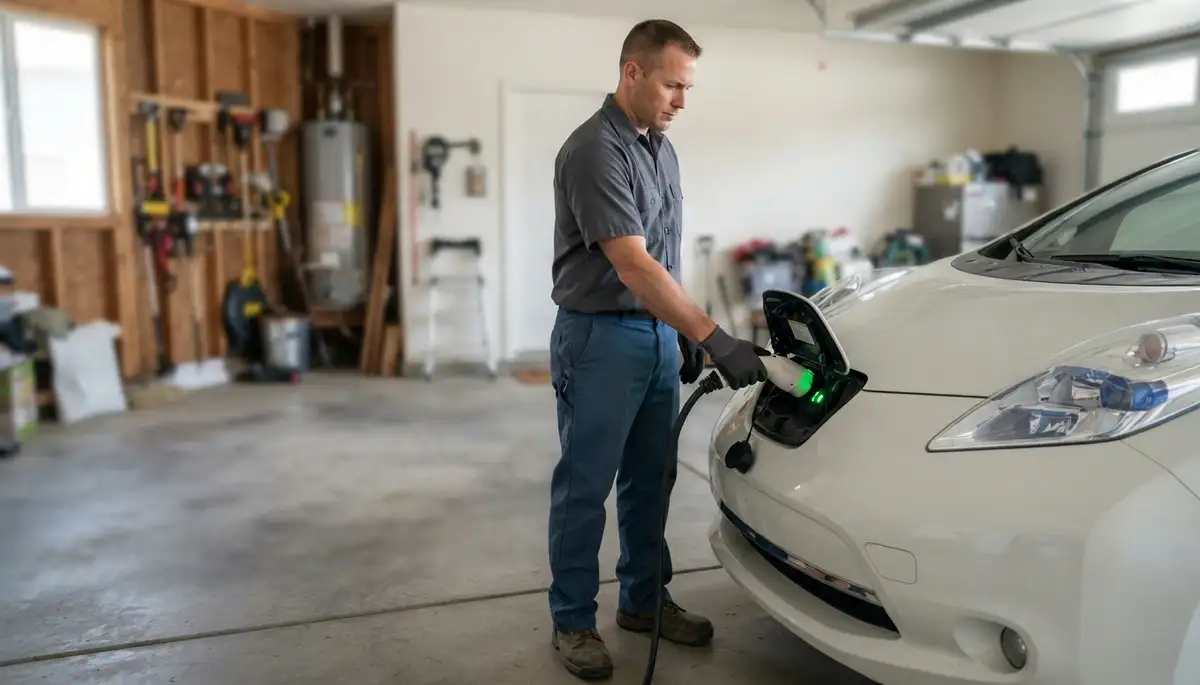 Denver, CO electrician connects an EV charging cable during final home charger verification