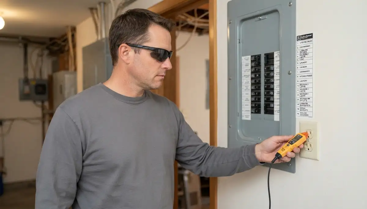 Denver electrician verifies upgraded electrical panel circuits with a voltage tester and labels each breaker
