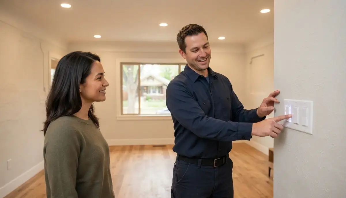 Denver, CO electrician demonstrates completed home lighting installation and dimmer controls to a homeowner