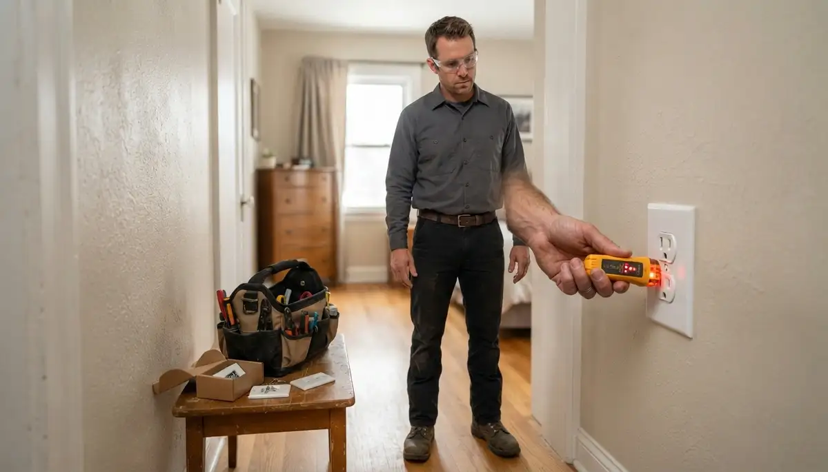 Denver electrician tests a newly installed receptacle during final electrical work verification in a home.