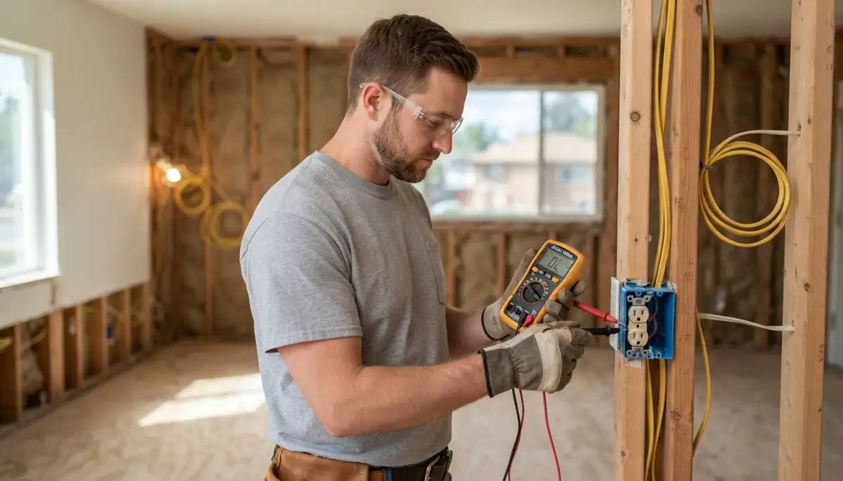 Denver, CO electrician tests wiring continuity and polarity in an open device box before drywall installation