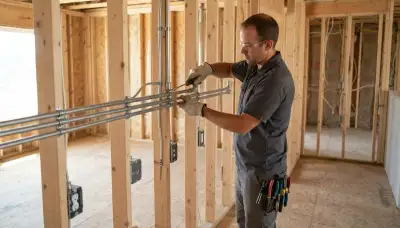 Denver, CO electrician fastening conduit and device boxes to wall studs during residential electrical rough-in