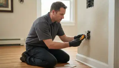 Denver, CO electrician tests wall outlet wiring during a home electrical inspection