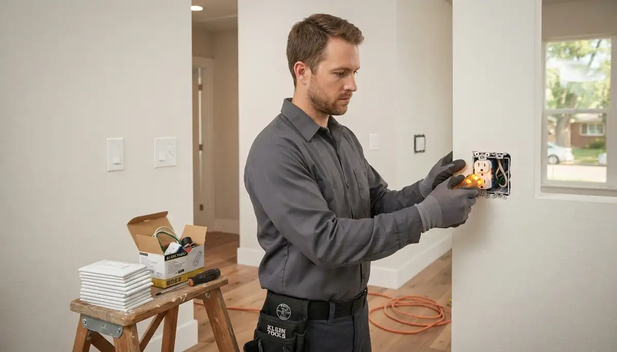 Denver, CO electrician installing receptacles and switches, testing new home circuits during electrical trim-out