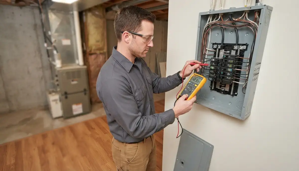Denver, CO electrician tests new electrical panel circuits with a multimeter during energizing.