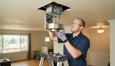 Denver, CO electrician installs a fan-rated box and securely mounts a ceiling fan motor.