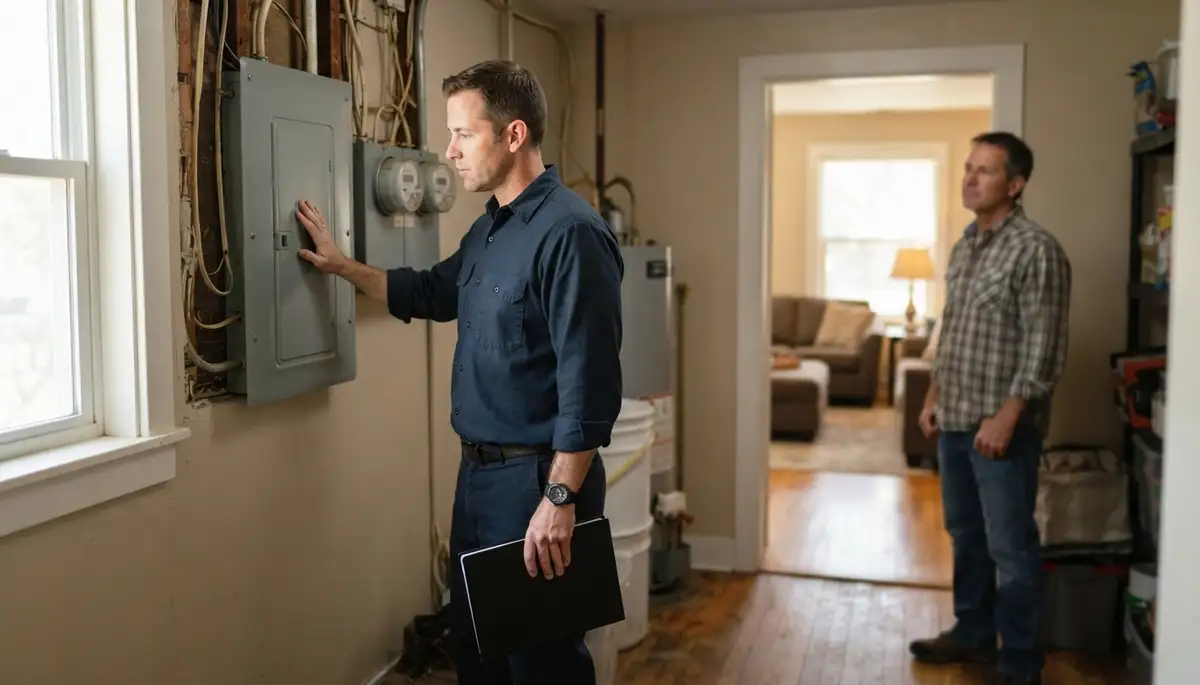 Denver, CO electrician reviews home electrical inspection findings with homeowner beside a closed panel