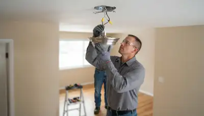 Denver, CO electrician mounts a ceiling light fixture and connects wiring during safe lighting installation
