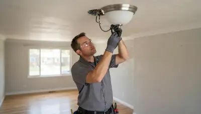 Electrician installing and wiring a ceiling light fixture in a Denver, CO home