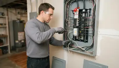Denver, CO electrician installing a GFCI breaker in a home's electrical panel