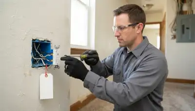 Denver, CO electrician installing a GFCI receptacle with line and load wiring; test and reset buttons visible