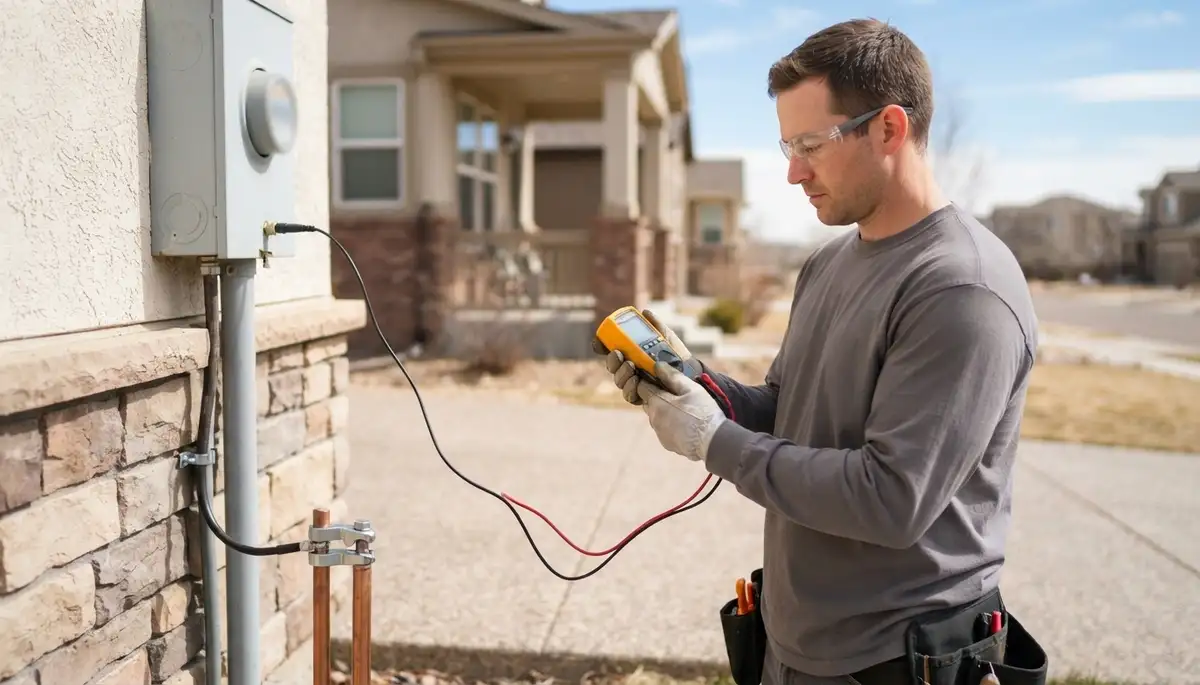 Denver, CO electrician testing ground path continuity for lightning surge protection with a precision meter