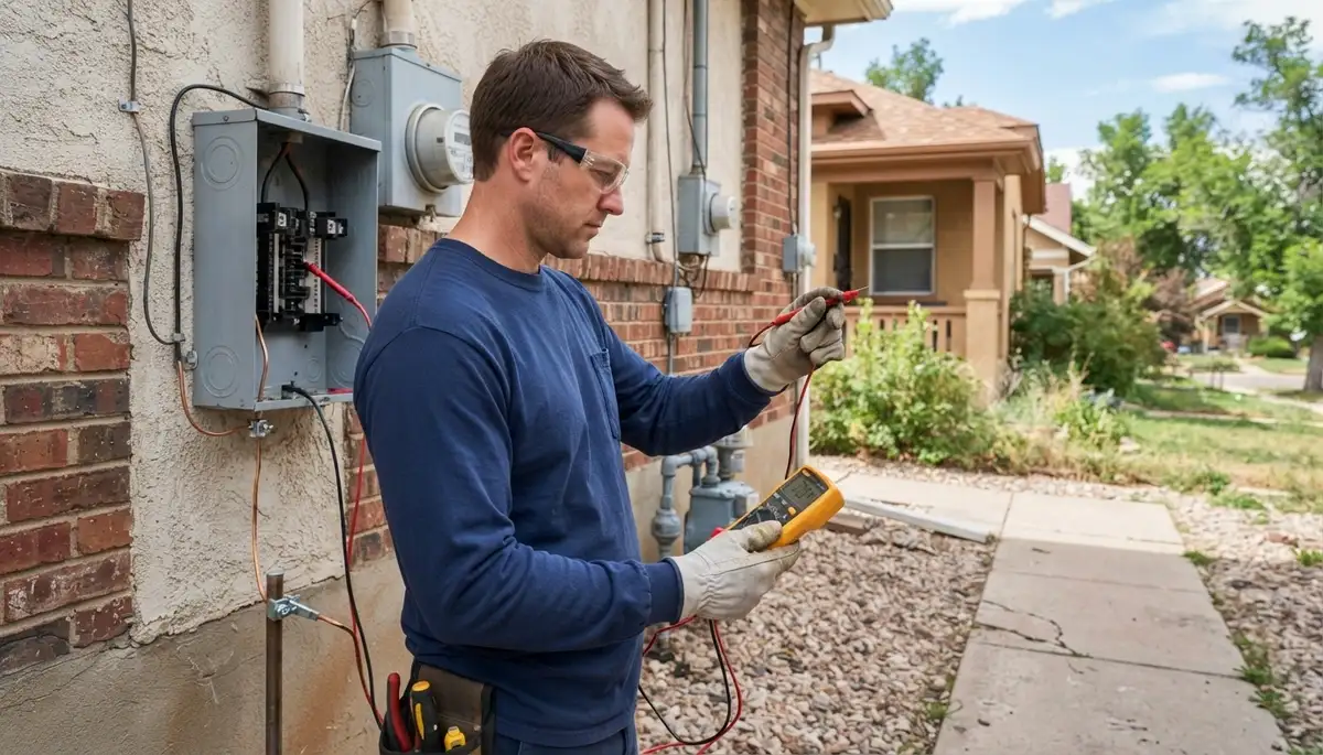 Denver, CO electrician uses a multimeter to verify the grounding electrode conductor at the service entrance