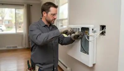 Denver, CO electrician connects dedicated circuit wires to a wall-mounted electric heater terminal box