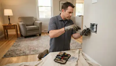 Denver residential electrician performing circuit work in a furnished home with protective drop cloth in place