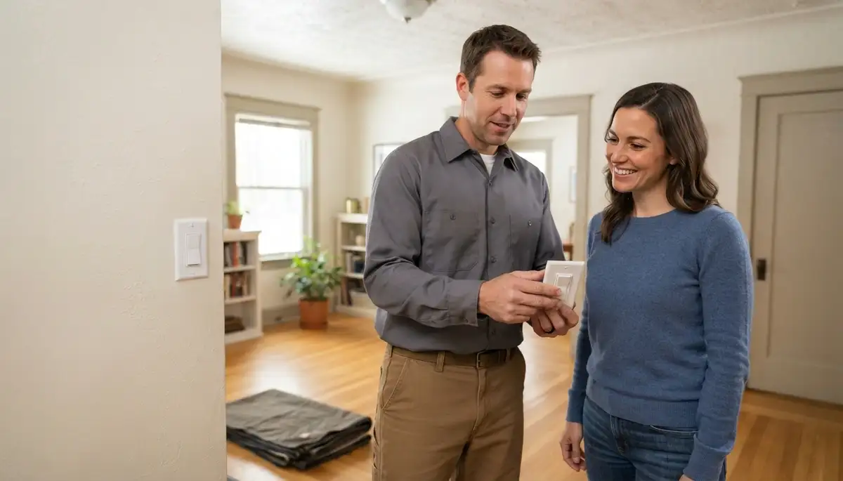 Denver residential electrician demonstrates a new electrical installation to a homeowner in a clean, restored home