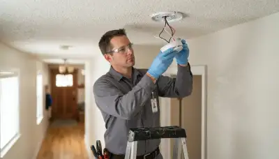Denver, CO electrician wiring an interconnected smoke detector to a ceiling base during home installation