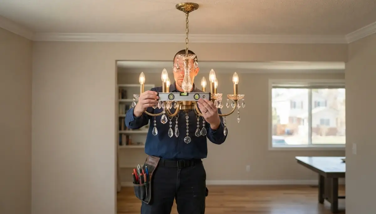 Denver, CO electrician uses a spirit level and tests a chandelier dimmer for precise installation