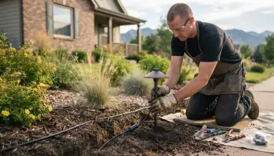 Technician installing low-voltage landscape lighting fixtures along a buried cable trench in Denver, CO