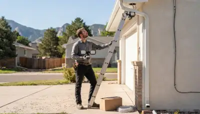 Denver, CO electrician installs a motion-sensor security light above a home's garage.