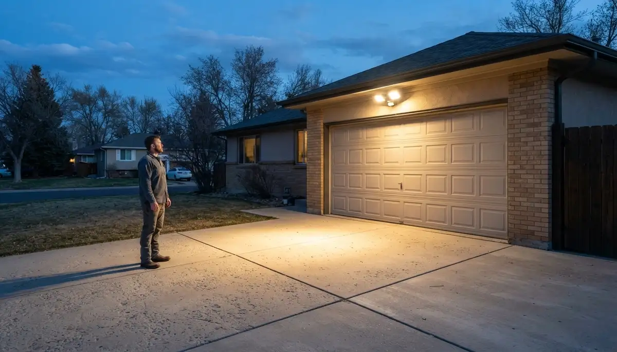 Denver, CO electrician verifies motion security light coverage across a residential driveway at night