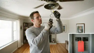 Denver, CO electrician replacing a ceiling fan capacitor and securing wiring with power off