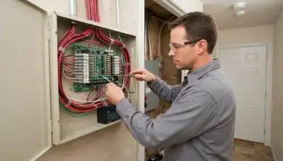 Electrician terminating zone conductors in a fire alarm control panel during a Denver, CO home installation