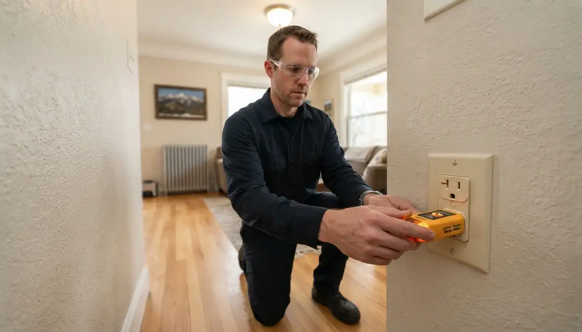 Denver electrician tests repaired outlet polarity and ground connection with a circuit tester.