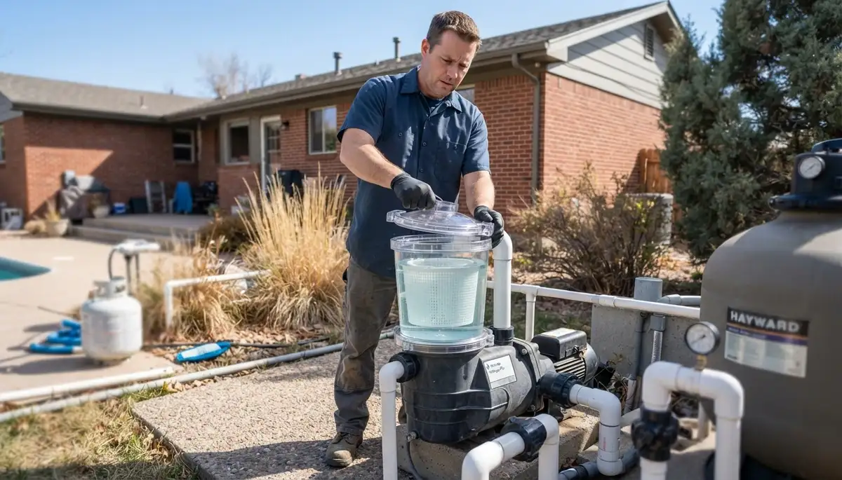 Denver, CO electrician closes pool pump strainer lid after verifying water flow and pressure during installation