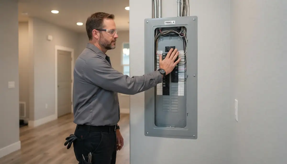 Denver, CO electrician verifying a completed electrical panel installation during a final walkthrough