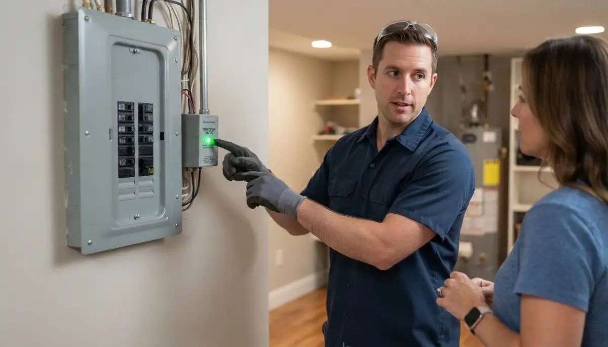 Denver, CO electrician points to a whole-home surge protector status indicator for a homeowner