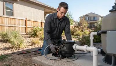 Electrician installing a bonded pool pump with outdoor wiring at a Denver, CO home