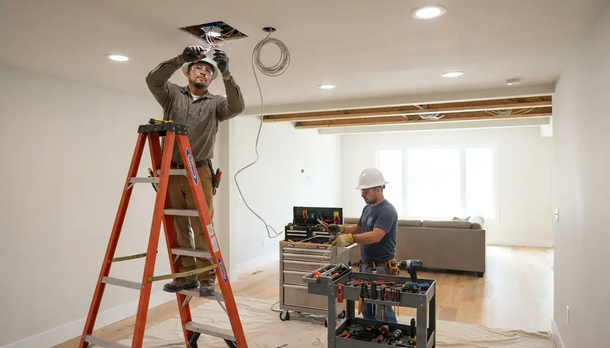 Electrician installing recessed lighting in a Denver, CO home