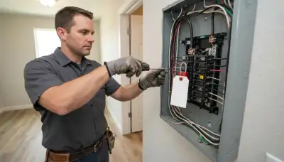 Denver, CO electrician safely repairs a locked-out electrical panel with gloved hands and a screwdriver