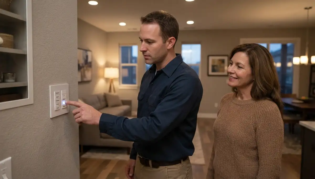 Denver, CO electrician tests programmable lighting scenes with homeowner, adjusting brightness for each room