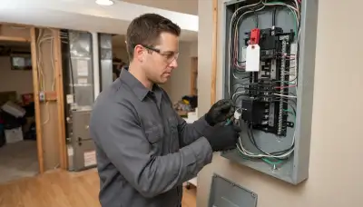 Electrician installs a whole-home surge protector with short leads at a Denver, CO electrical panel