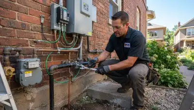 Electrician uses a wrench to install surge protection and bonding jumpers at a Denver, CO home.