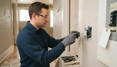 Denver, CO electrician replacing a wall switch and securing wire terminations with the circuit locked off