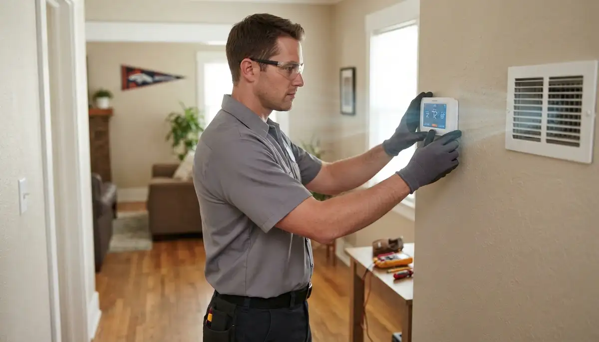 Denver electrician tests a new thermostat’s heating and cooling cycles near a supply register.