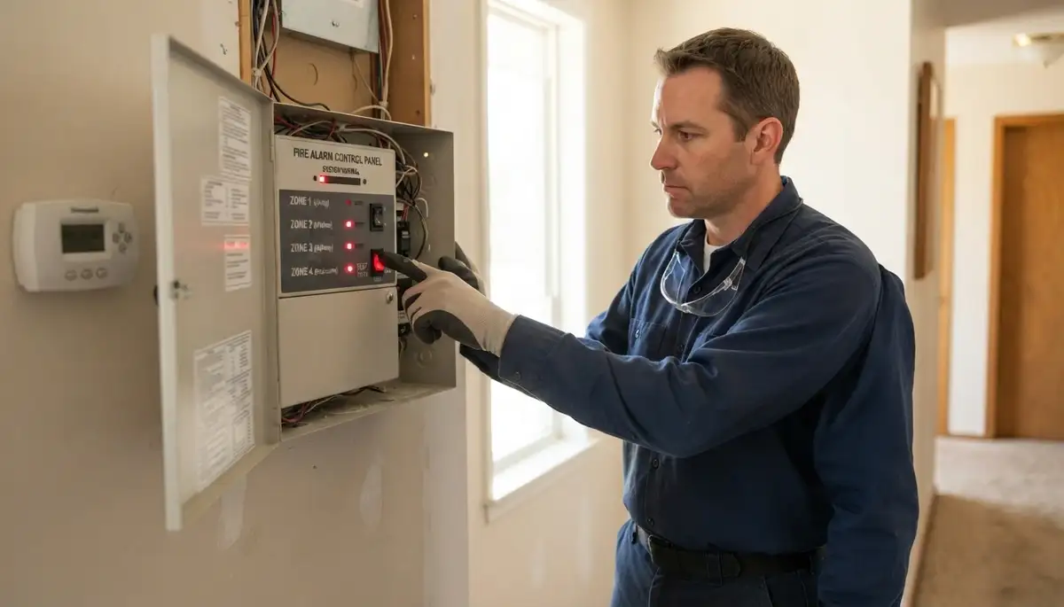 Denver technician testing fire alarm control panel zone indicators during a home system walkthrough