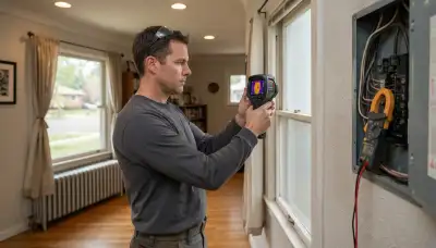 Denver electrician technician uses thermal camera at window while measuring electrical loads during home energy audit