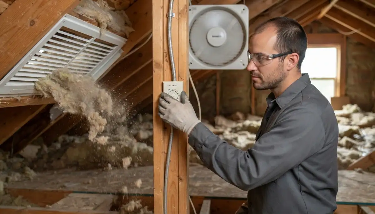 Denver, CO electrician adjusting an attic fan thermostat and checking airflow through soffit vents